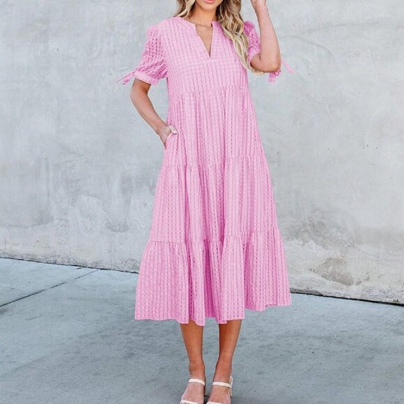Pink Elegant Women's Casual V Neck Plaid Midi Maternity Dress - Picture 2 of 5